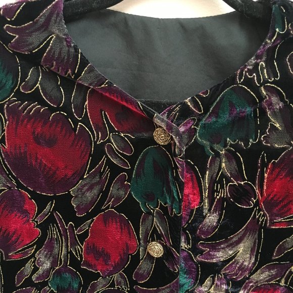 Vintage Floral Black, Emerald Green, Red + Gold Velvety Cardigan/Light Jacket - Picture 3 of 6